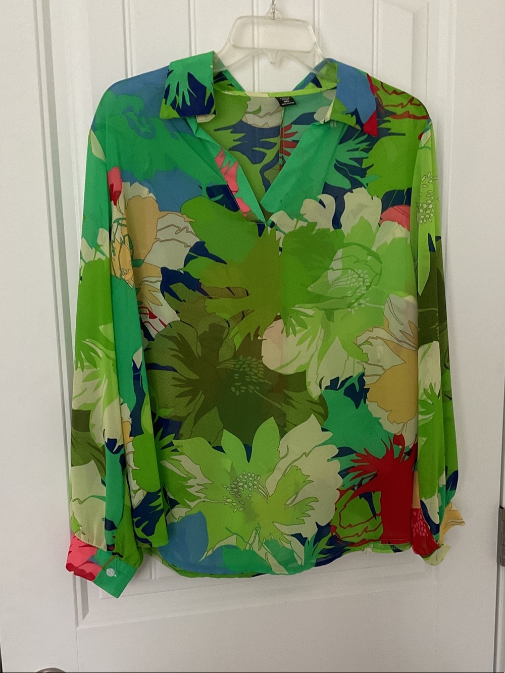 SHEIN Vibrant Green Multi-Color Floral V-Neck Blouse